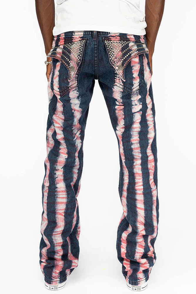 GYPSY STRAIGHT LEG REPATCHED JEANS WITH LONG FLAP EMBELLISHED CRYSTALS PRISONER RED