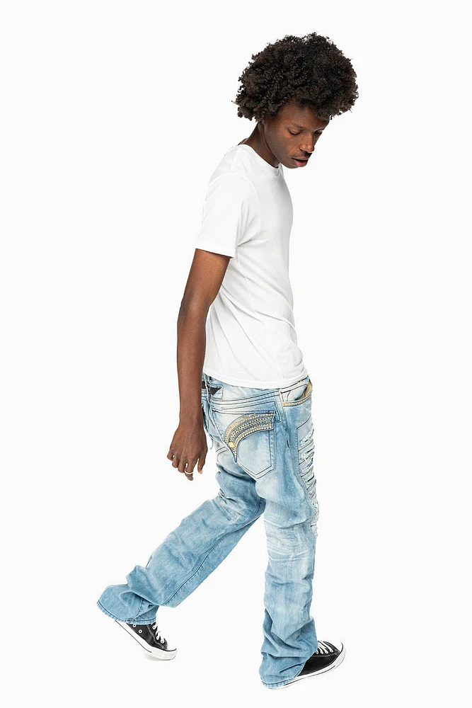 GYPSY STRAIGHT LEG JEANS LIMITED EDITION REPAIRED EMBELLISHED WITH CRYSTALS 5D LIGHT WASH