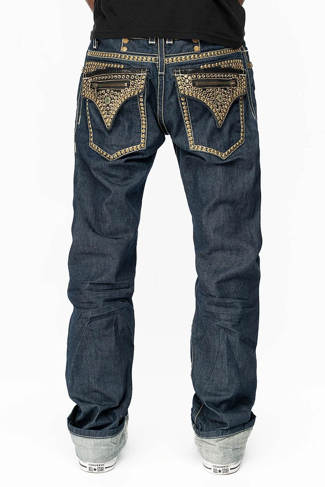 CLINT W/BLACK LEATHER ZIPPER FLAPS EMBELLISHED WITH CRYSTALS AND NAILHEADS RINSE WASH