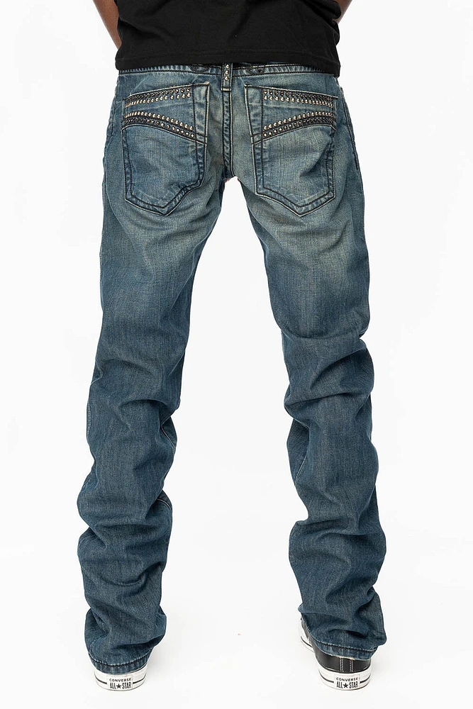 MENS CLASSIC 5 POCKET STRAIGHT LEG JEANS SMOKEY MEDIUM WASH WITH STUDS AND CRYSTALS