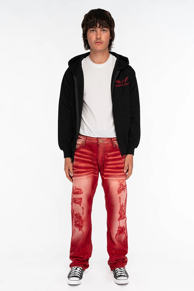 HEAVY STITCH JEANS F-UP RED WITH WHITE CONTRAST