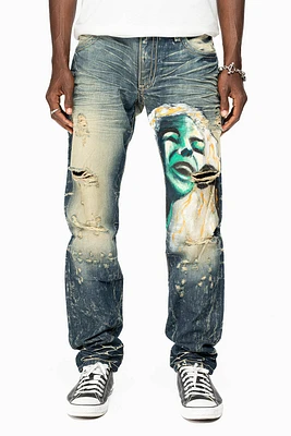 MENS LONG FLAP SLIM JEANS 5D DARK BROKEN WASH WITH HAND PAINTED GRAPHIC