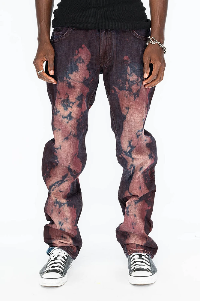 MENS LONG FLAP STRAIGHT CUT JEANS WITH CRYSTALS TIPPY RED WASH