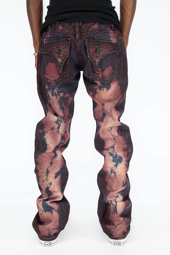 MENS LONG FLAP STRAIGHT CUT JEANS WITH CRYSTALS TIPPY RED WASH