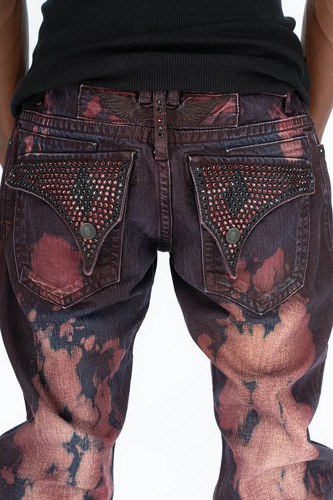 MENS LONG FLAP STRAIGHT CUT JEANS WITH CRYSTALS TIPPY RED WASH