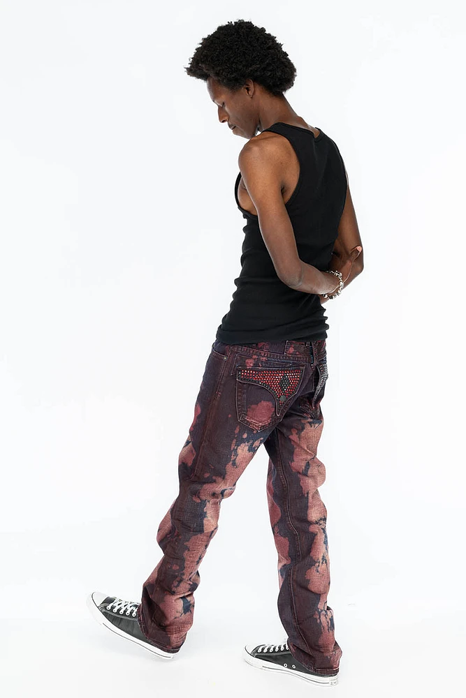 MENS LONG FLAP STRAIGHT CUT JEANS WITH CRYSTALS TIPPY RED WASH