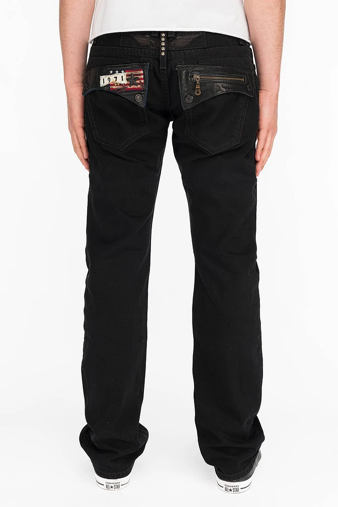 MENS LEATHER FLAP POCKET STRAIGHT LEG JEANS BLK