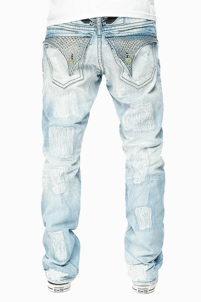 ROBIN'S LIMITED EDITION REPAIRED JEANS 5D LIGHT BLUE WASH WITH CLEAR DIAMOND CRYSTALS