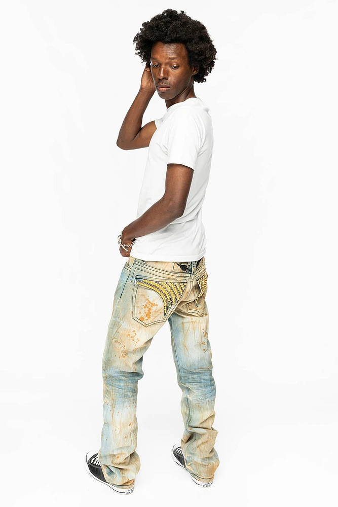 KILLER FLAP STRAIGHT LEG JEANS WITH CRYSTALS AND NAILHEAD TRAVELER WASH