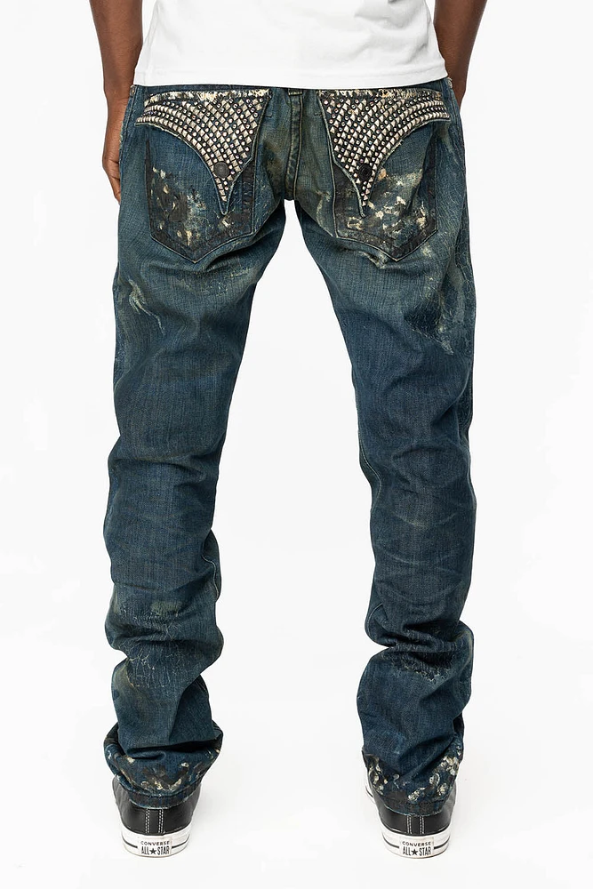 KILLER FLAP STRAIGHT LEG JEANS WITH CRYSTALS AND PYRAMID JUPITER BLUE SPECIALTY WASH