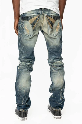 MENS LONG FLAP SLIM JEANS WITH FULL CRYSTALS 4D DARK BROKEN DNM