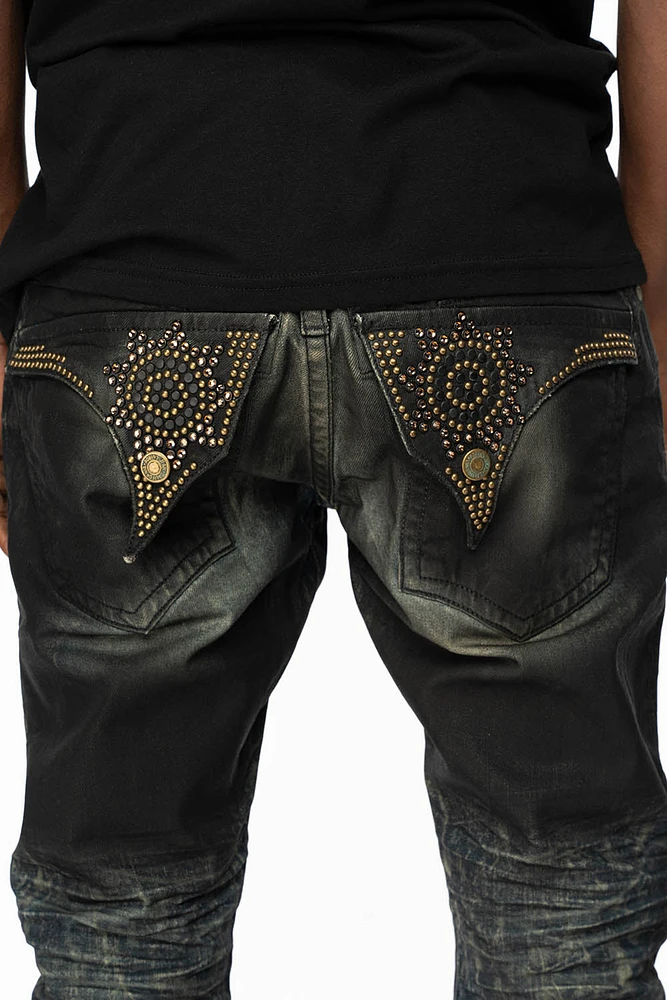 MENS LONG FLAP SLIM JEANS WITH CRYSTALS AND NAILHEADS 5D SEMI COATING DNM