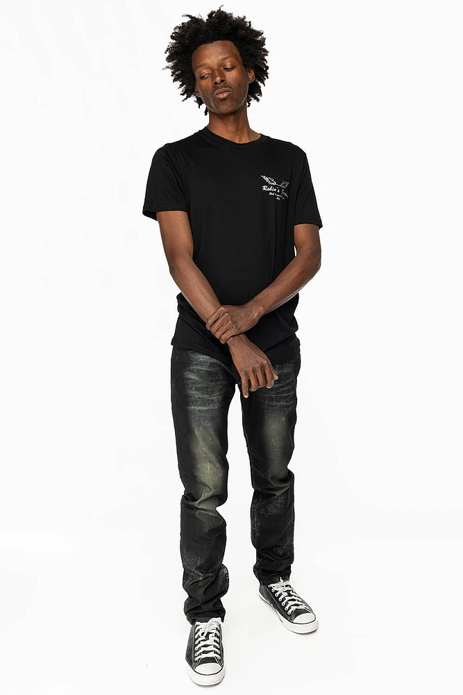 MENS LONG FLAP SLIM JEANS WITH CRYSTALS AND NAILHEADS 5D SEMI COATING DNM