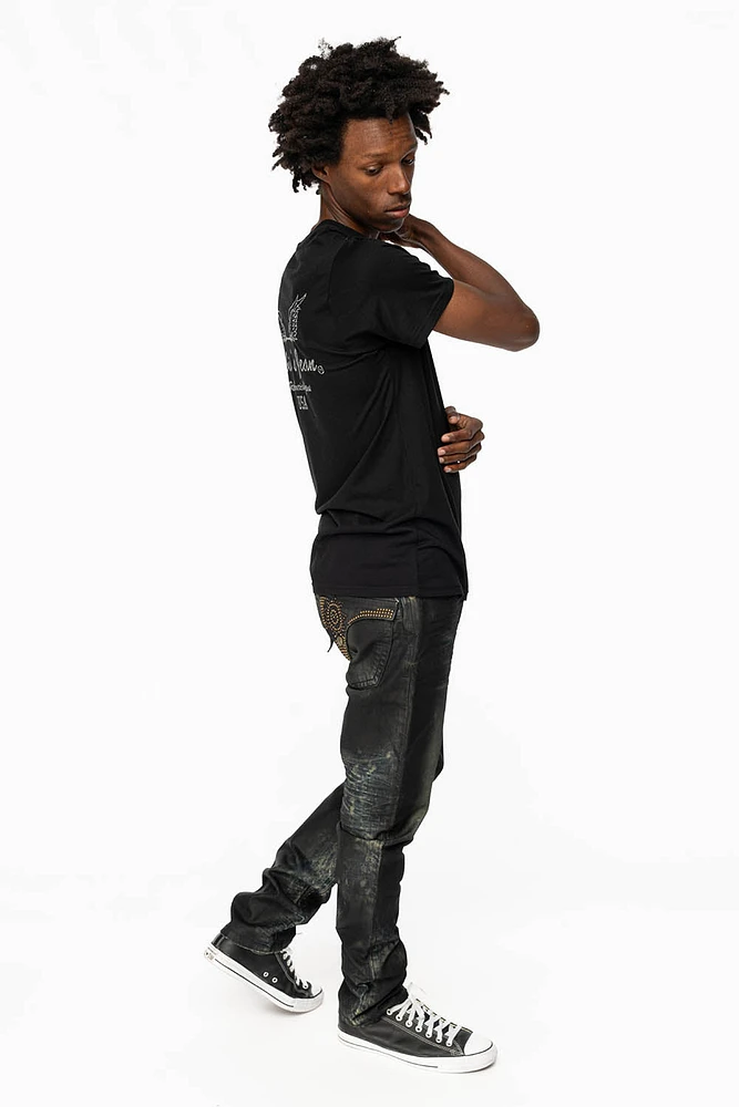 MENS LONG FLAP SLIM JEANS WITH CRYSTALS AND NAILHEADS 5D SEMI COATING DNM