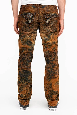 MENS LONG FLAP SLIM JEANS WITH STUDS AND CRYSTALS LOS ANGELES WASH