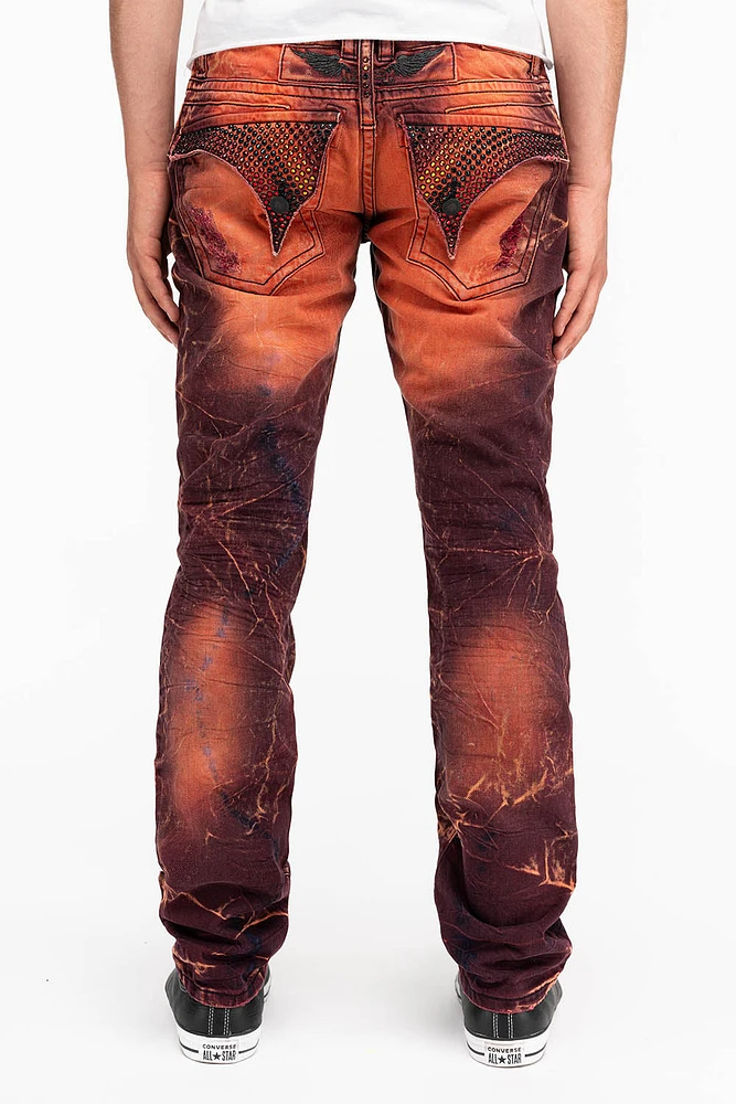 MENS LONG FLAP SLIM JEANS WITH CRYSTALS 4D LIGHT MALBEC WASH