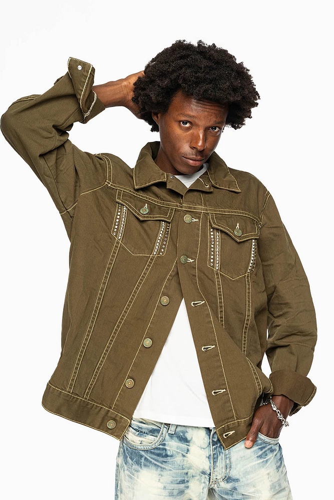 DRK GREEN JEAN JACKET EMBELISHED WITH CLEAR CRYSTALS AND PYRAMID