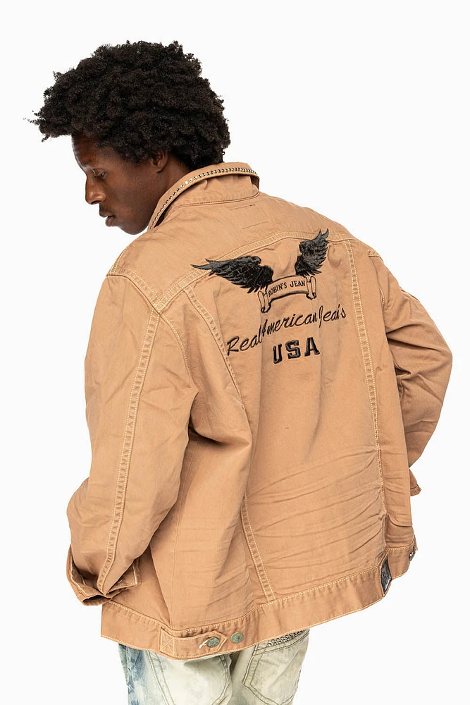KHAKI JEAN JACKET EMBELISHED WITH CRYSTALS