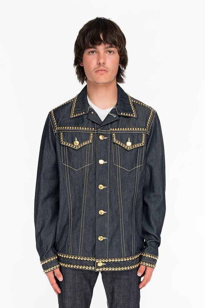 MENS DENIM JACKET RAW WITH HEAVY ORANGE STITCHING EMBROIDERY AND CRYSTALS