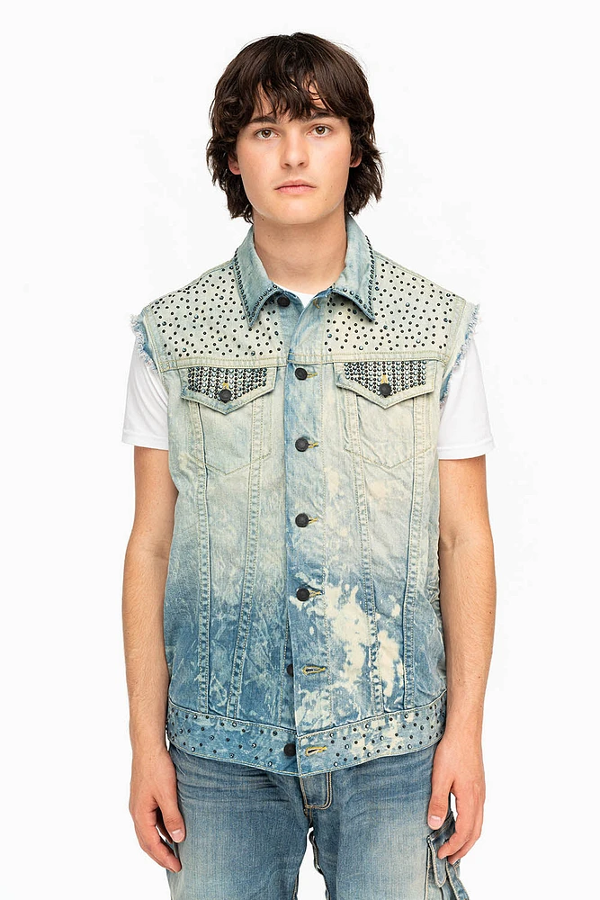 RAW EDGE VEST MEDIUM WASH WITH BLACK CRYSTALS
