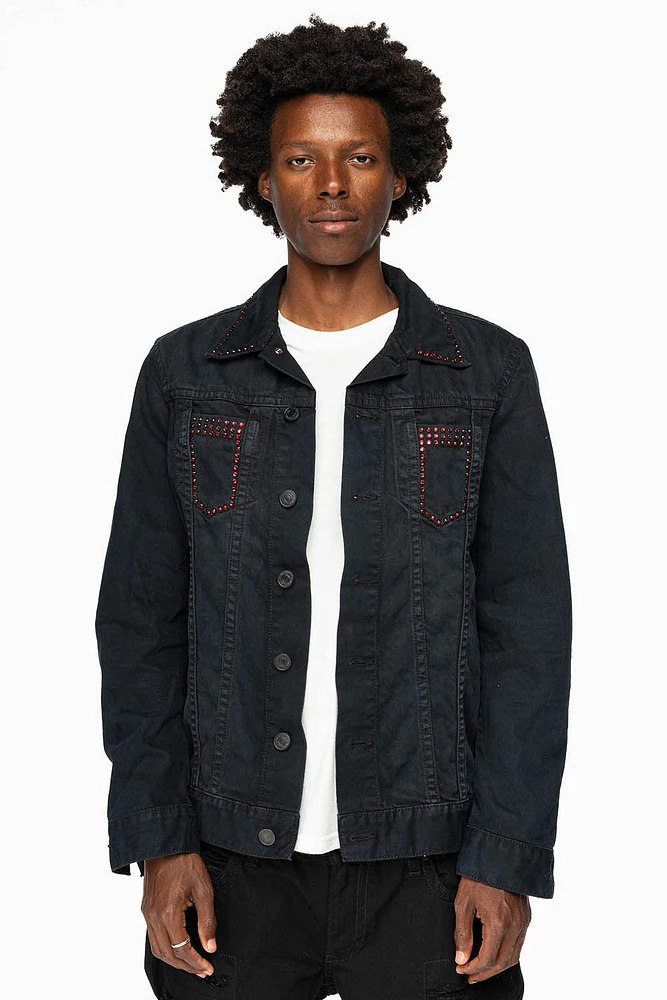 MENS DENIM JACKET PURE BLACK EMBELLISHED WITH RED CRYSTALS
