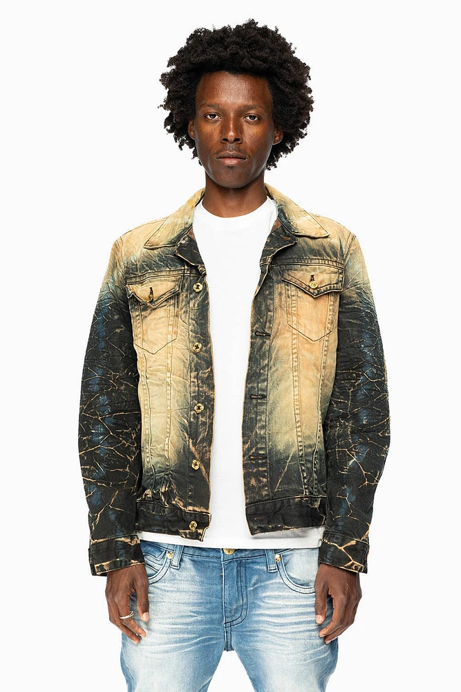MENS DENIM JACKET LIGHT YELLOW 4D DARK PERU WASH WITH GOLD WINGS