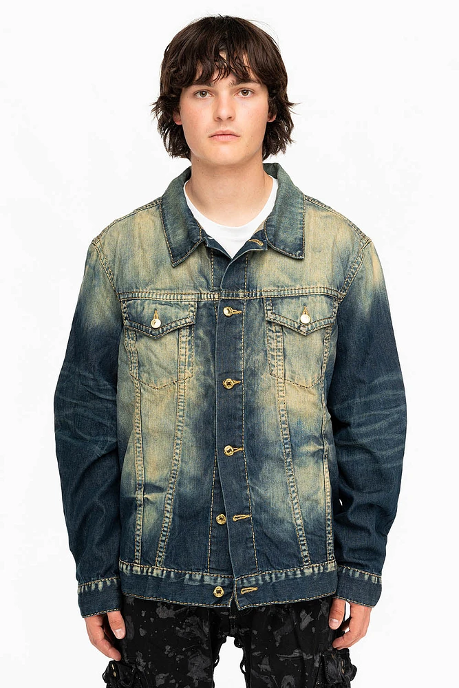 MENS DENIM JACKET ALBANY DARK WITH GOLD STITCHING AND WINGS