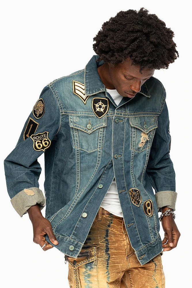 ROBINS MOTORCYCLE CLUB DENIM JACKET SMOKY BLUE BROKEN WASH WITH MULTIPLE PATCHES