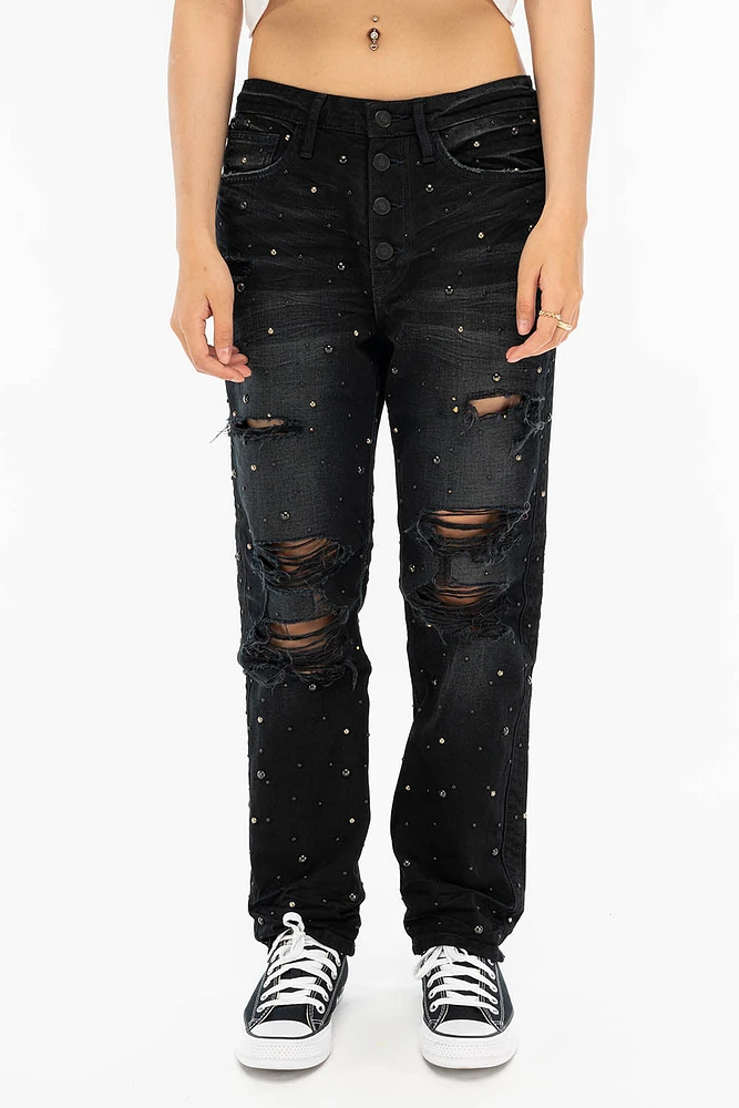 BOYFRIEND JEANS F_ED UP BLACK WITH AND SILVER STUDS