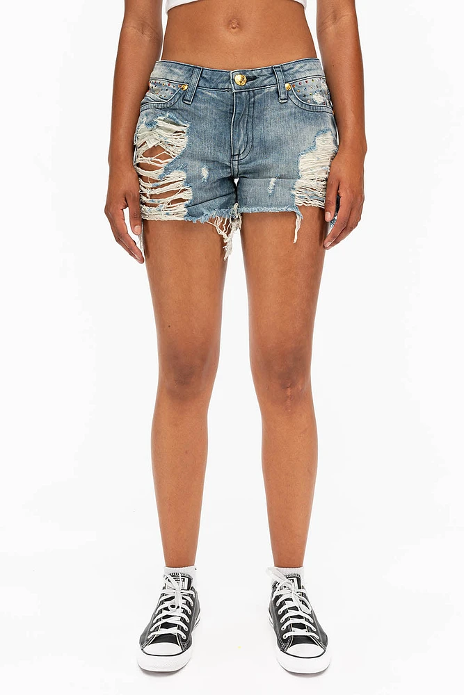 DESTROYED DENIM SHORTS WITH MULITCOLR CRYSTALS