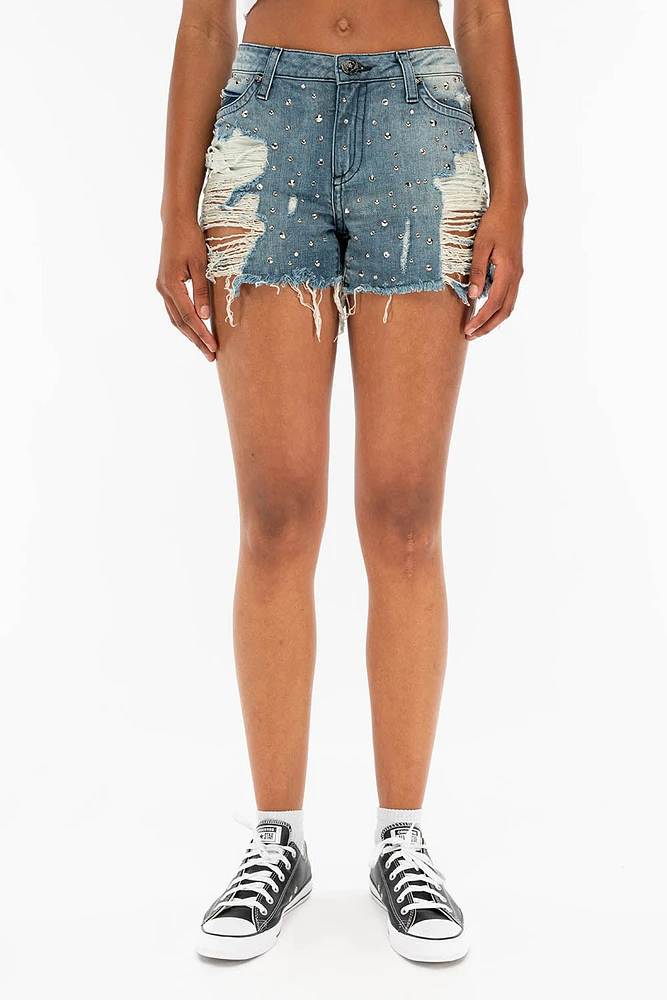 DESTROYED DENIM SHORTS WITH CRYSTALS AND STUDS