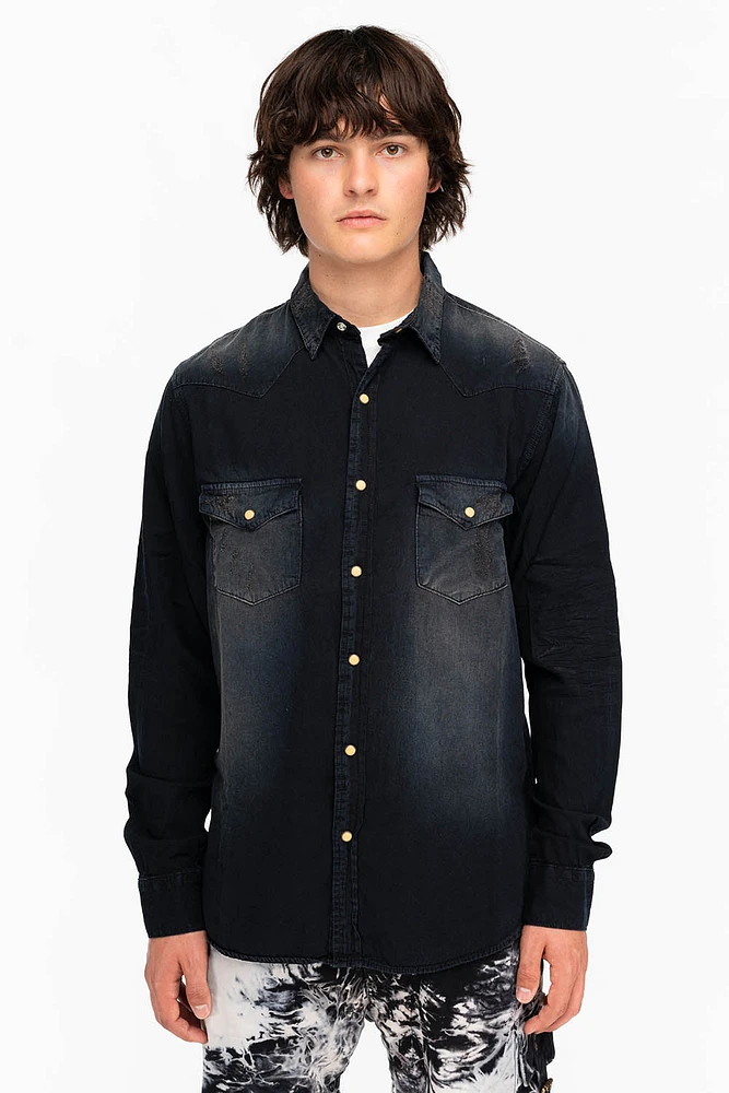WESTERN NATIVE AMERICAN STYLE MENS DESTROY DENIM SHIRT F_ED UP BLACK