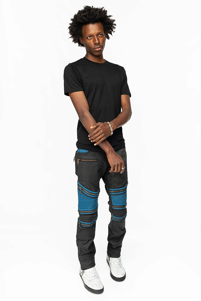 MENS THE SHOW BIKER JEANS BLACK DY FABRIC WITH BLUE INSERTS