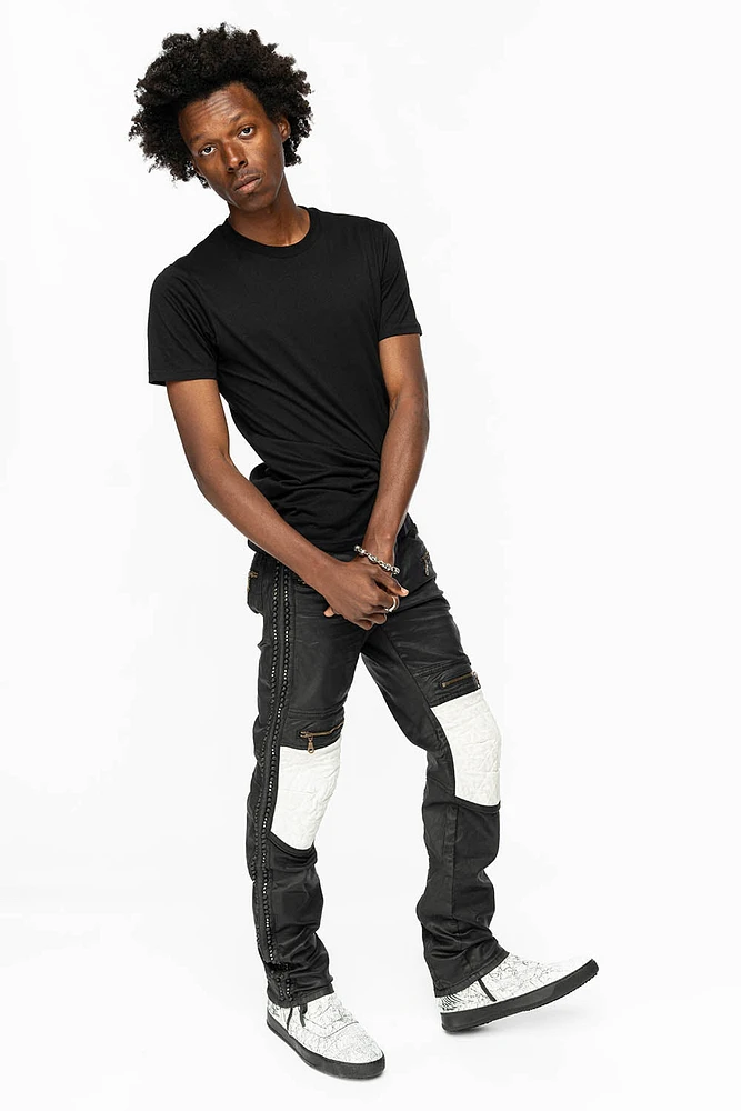 MENS BIKER JEANS DY FABRIC BLACK WASH WITH WHITE INSERTS STUDS AND CRYSTALS