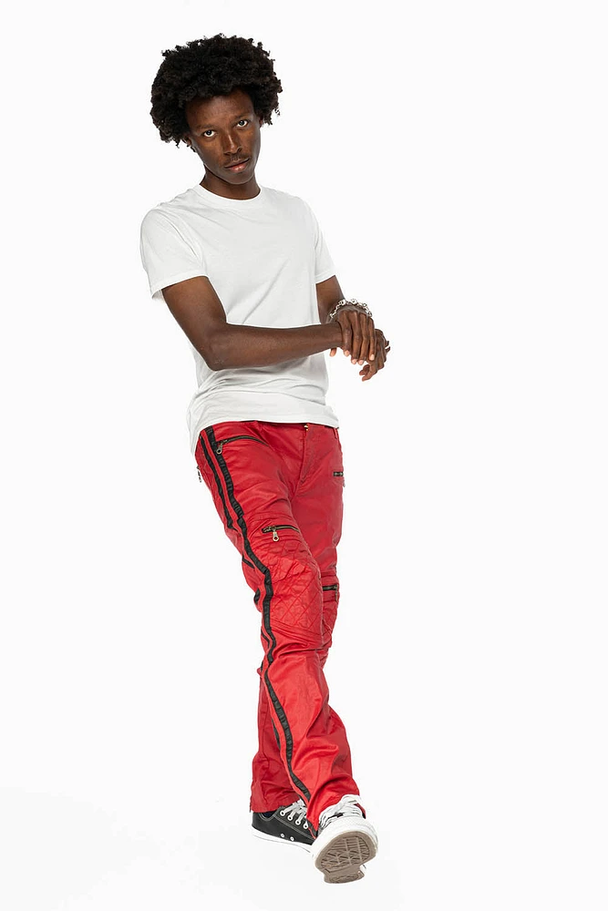 MENS BIKER JEANS RED DY FABRIC WITH BLK STRIPES