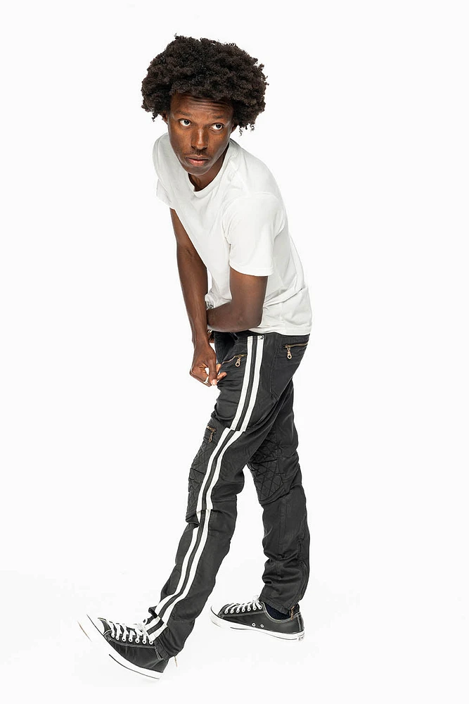 MENS BIKER JEANS BLK DY FABRIC WITH WHITE STRIPES