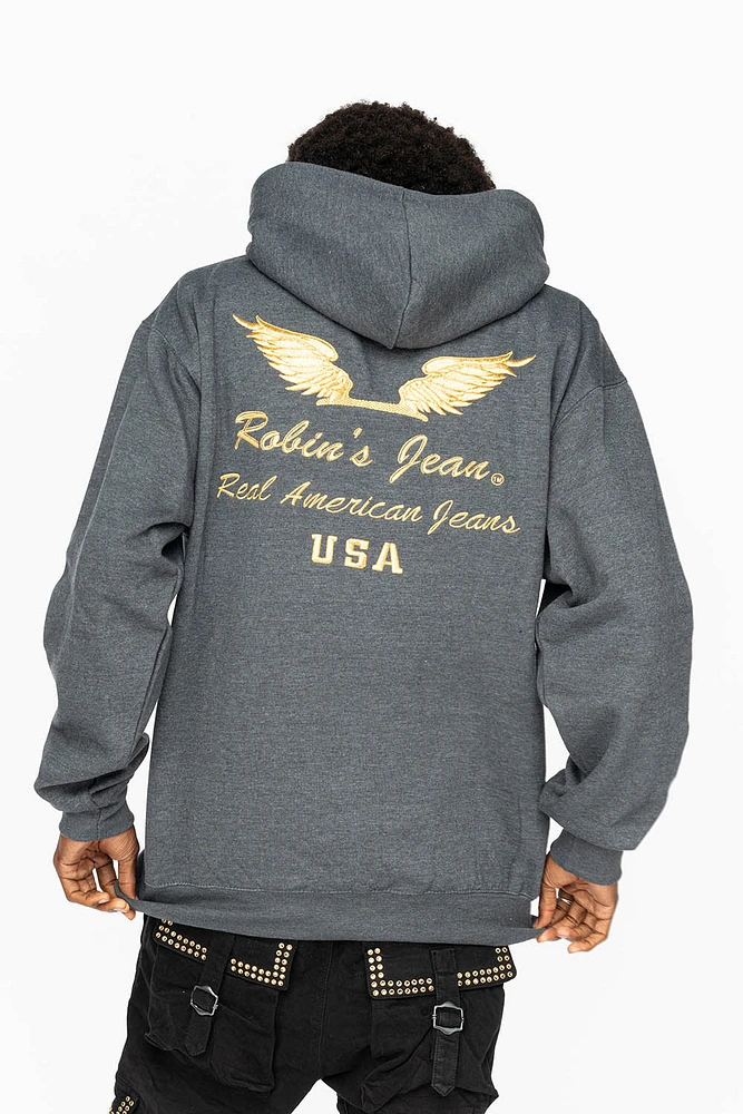PULLOVER HOODIE DARK HEATHER WITH GOLD WINGS EMBROIDERY