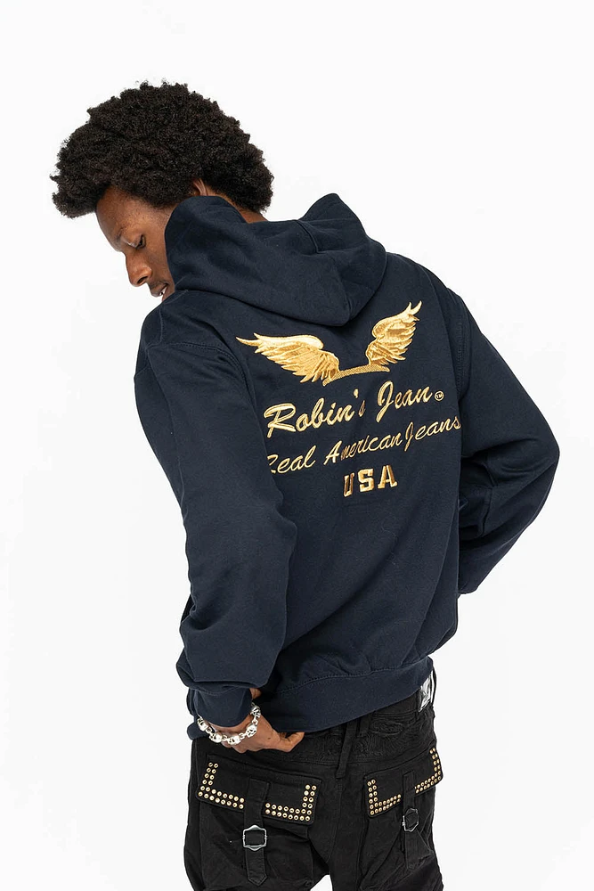 PULLOVER HOODIE NAVY WITH GOLD WINGS EMBROIDERY