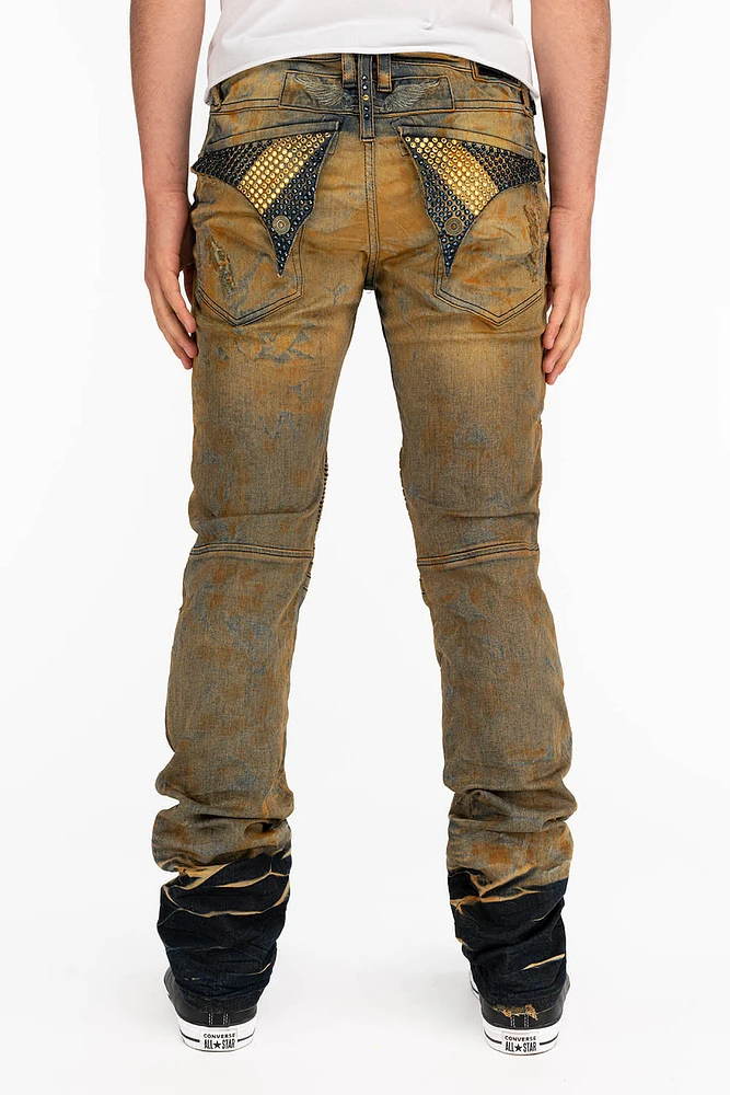 LONG FLAP MENS SKINNY BIKER JEANS WITH CRYSTALS CHICAGO