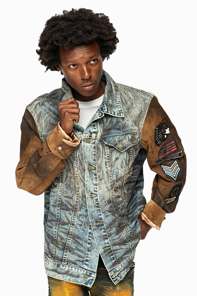 MEN’S DENIM/LEATHER JACKET D WASH BROWN WITH PATCHES