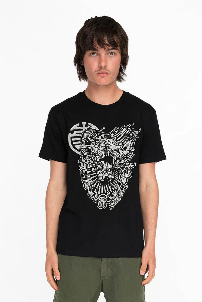SHISHI LION TEE BLACK AND SILVER GLITTER