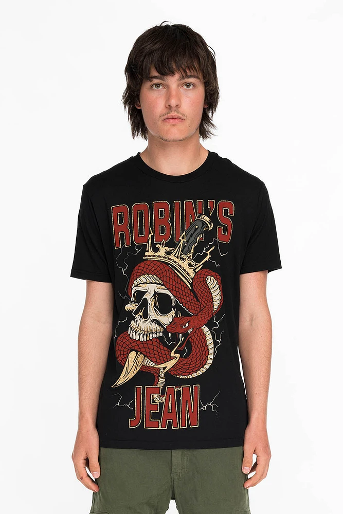ROBINS SNAKE SCULL GOLD GLITTER TEE BLACK