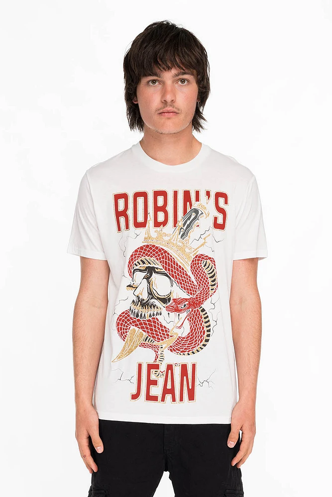 ROBINS SNAKE SKULL GOLD GLITTER TEE WHITE