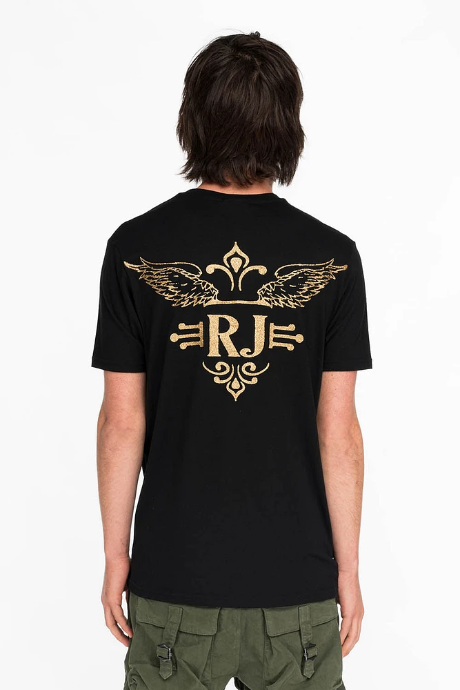 GOLD GLITTER FLEUR TEE WITH WINGS ON BACK BLACK