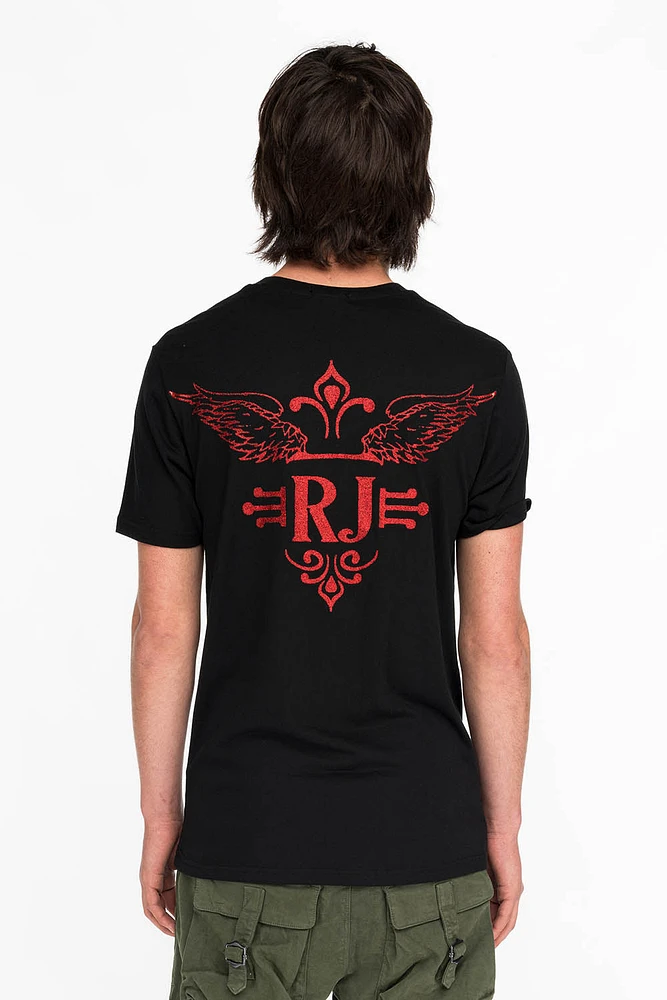 RED GLITTER FLEUR TEE WITH WINGS ON BACK BLACK
