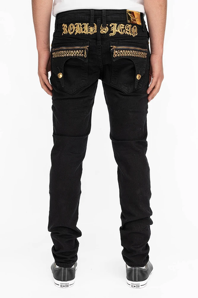 ZIPPER KILLER FLAP MENS SLIM JEANS BLACK WITH GOLD CRYSTALS