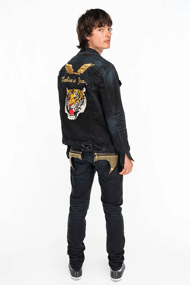ZIPPER KILLER FLAP MENS JEANS F_D UP BLACK WITH STUDS AND CRYSTALS