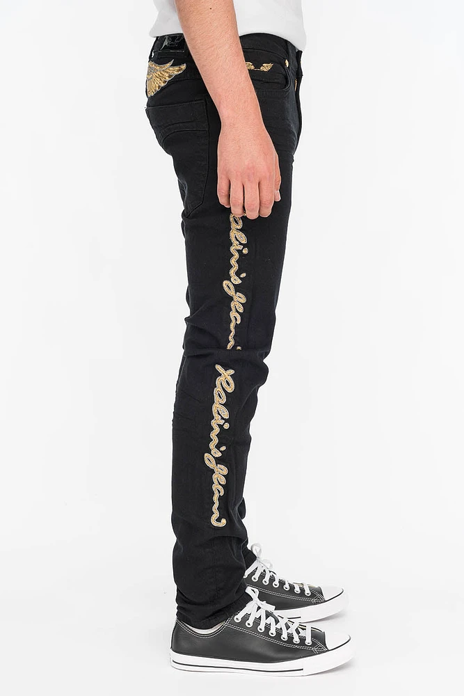 SKINNY MENS JEANS PURE BLACK WITH GOLD EMBROIDERY