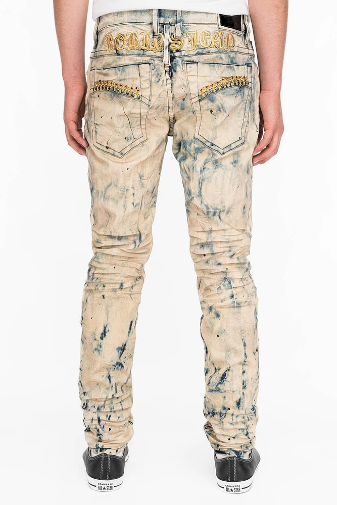 SKINNY MENS JEANS FROZEN WASH WITH MONTANA BLUE AND RED CRYSTALS