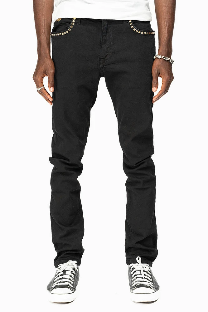 SKINNY JEAN PURE BLACK WITH GOLD O.E. LOGO EMBELISHED SMOKY TOPAZ CRYSTALS